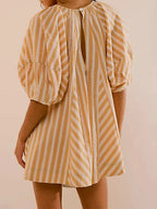 Y2k Rompers Sexy Loose Puff Sleeve V Neck Striped Jumpsuits Shorts Overalls Dress