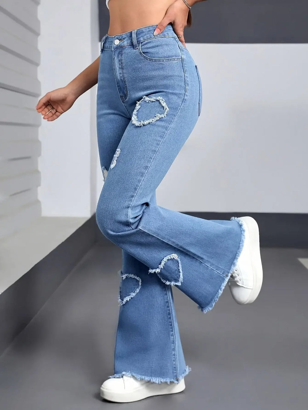 Heart Shaped Flared Jeans For Women High Waist Elastic Denim Y2K Retro