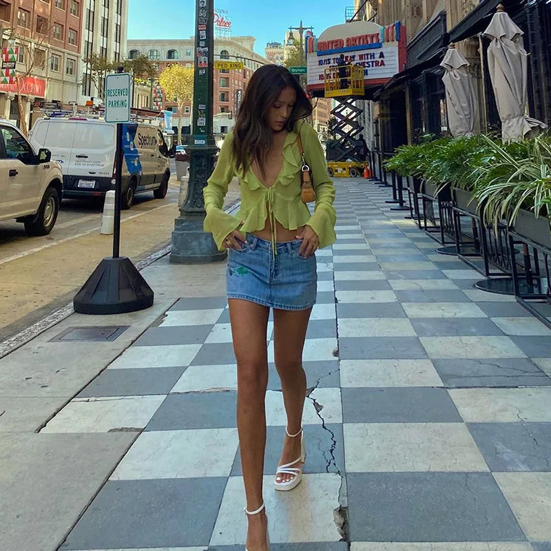 Chiffon Sheer Crop Tank Top With V Neck And Flare Sleeves