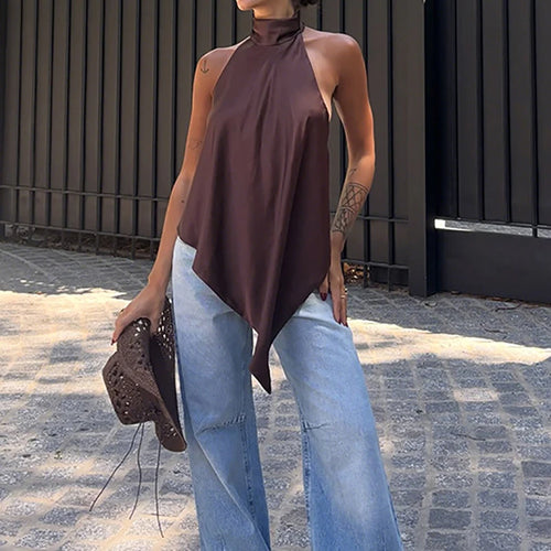 Backless Hollow Out Halter Tank Top With Pleated Detail