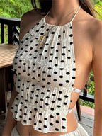 Dot Print Halter Tops With Ruffled Trim Backless Sleeveless Slim Fit