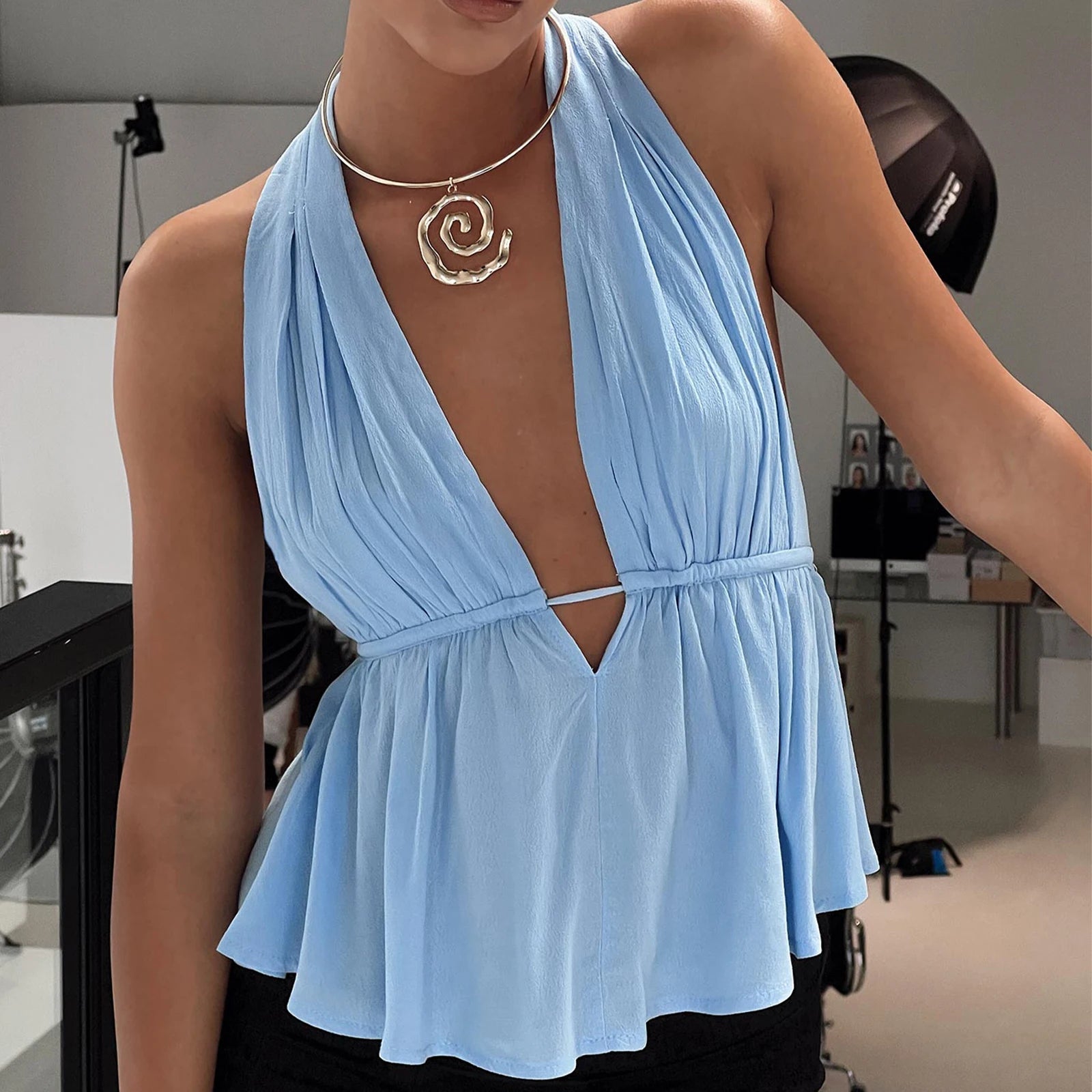 Halter Neck Crop Top With Tie Back Sleeveless Backless Camisole