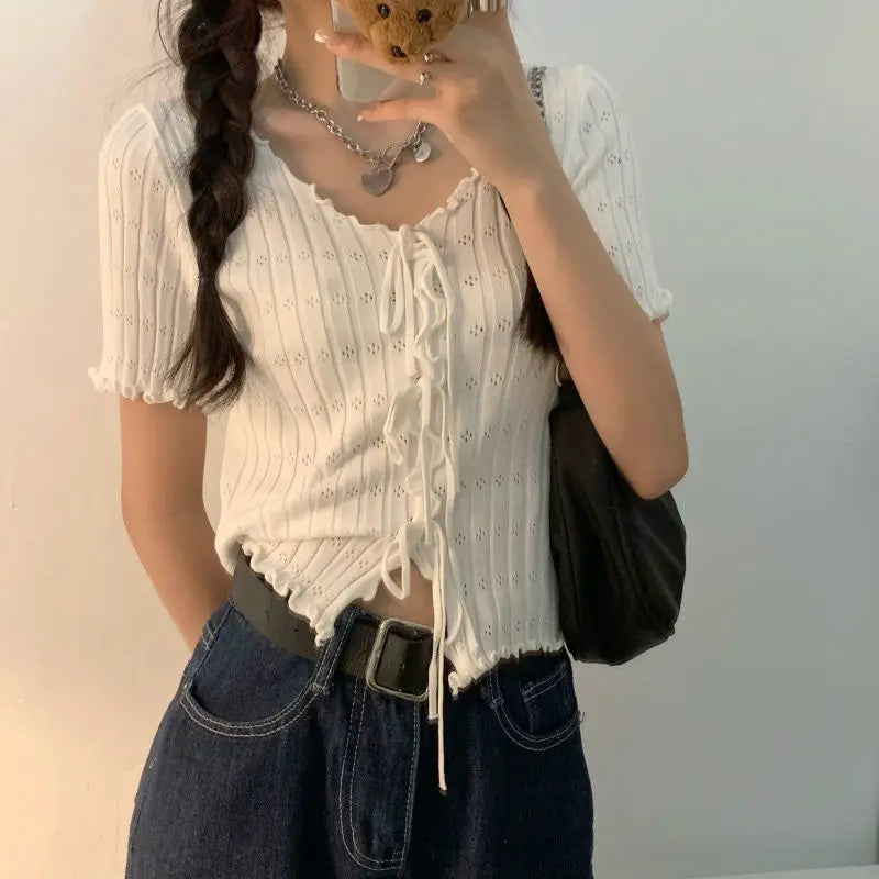 Soft Knit V Neck Cropped Ribbed Short Sleeve Tee