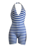 Striped Halter Romper With Backless Lace Up Detail