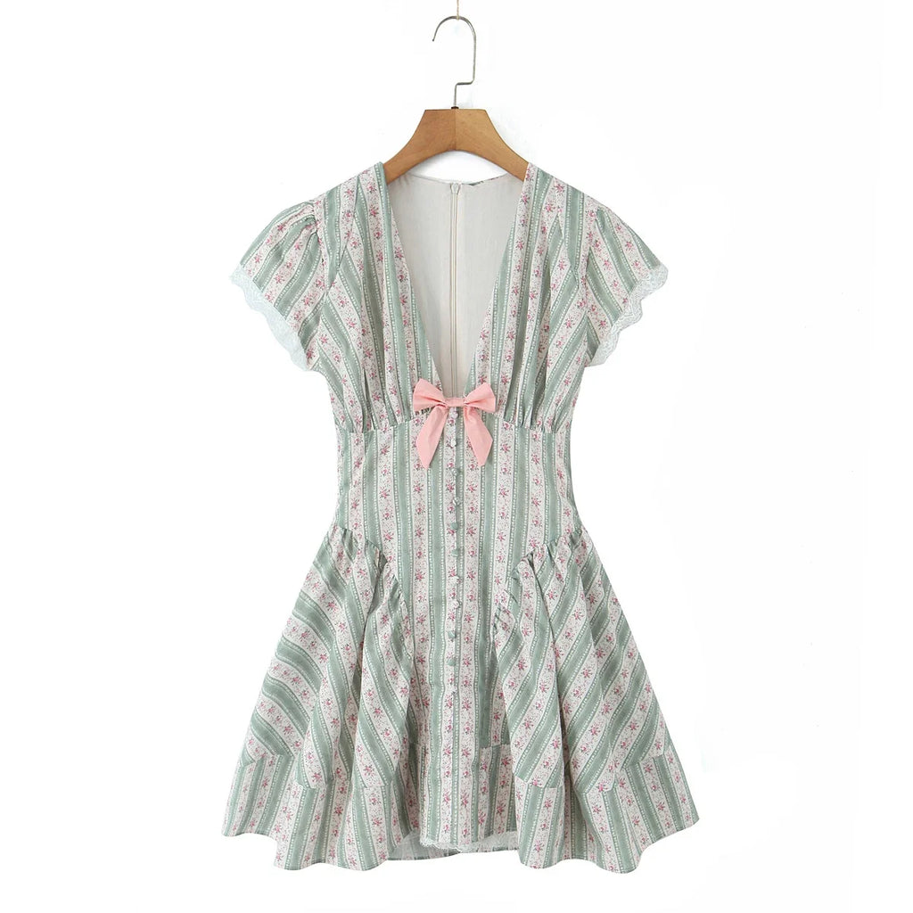 Green French Style Floral Sexy Mini Bohemian Women V-neck Striped Ruffles Dress