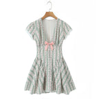 Green French Style Floral Sexy Mini Bohemian Women V-neck Striped Ruffles Dress