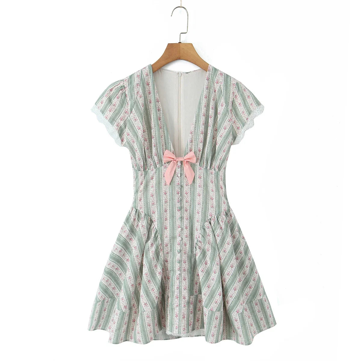 Green French Style Floral Sexy Mini Bohemian Women V-neck Striped Ruffles Dress
