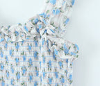 Flower Print Corset Ruched Elastic Body Sling Mini Square Collar Ruffles Hem Dress