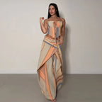 Chic Strips Pants Women Set Patchwork Slash Neck Bandage Top Pleated Asymmetry Trousers