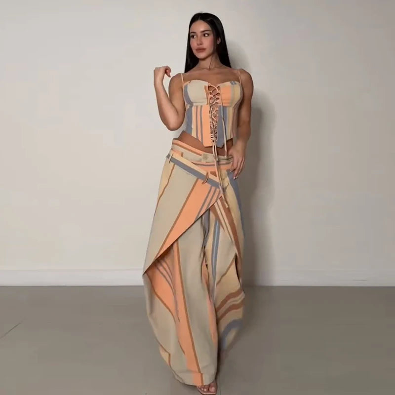 Chic Strips Pants Women Set Patchwork Slash Neck Bandage Top Pleated Asymmetry Trousers