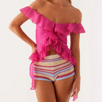 Ruched Ruffle Split Front Crop Top With Off Shoulder Backless