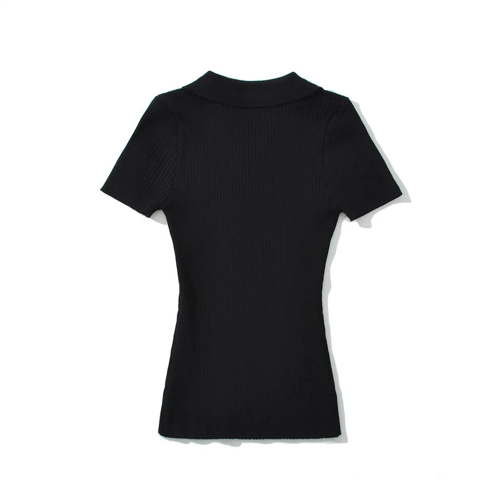 Knit Turn Down Collar Pullover For Women Slim Stretch Short Sleeve Top