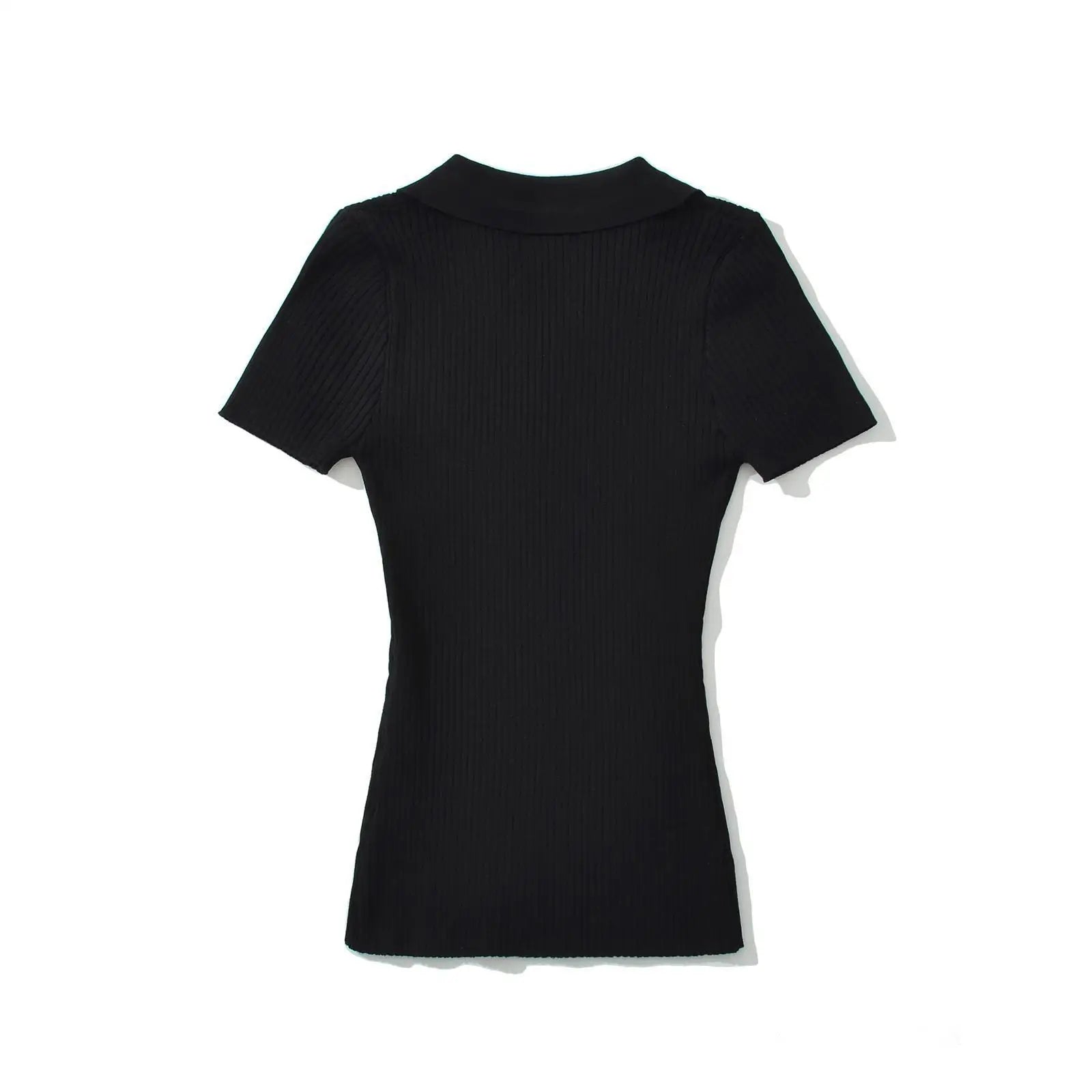 Knit Turn Down Collar Pullover For Women Slim Stretch Short Sleeve Top