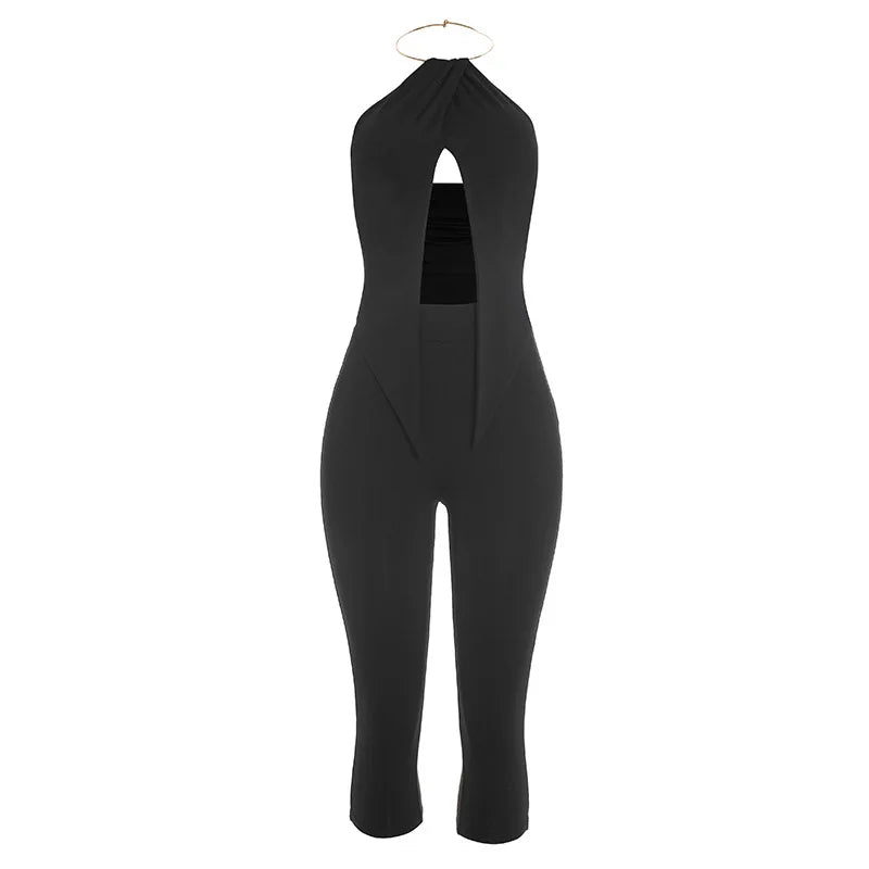 Urban Halter Crop Top And High Waist Capri Set With Metal Ring Detail Two-piece