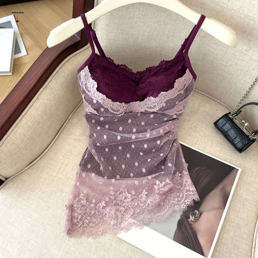 Lace Dots Wrapped Camisole With Pads Slim Fit Tank Top