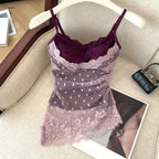 Lace Dots Wrapped Camisole With Pads Slim Fit Tank Top