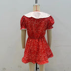Romantic Red Floral Peter Pan Collar Dress With Puff Sleeves V Neck Button Front A Line Mini