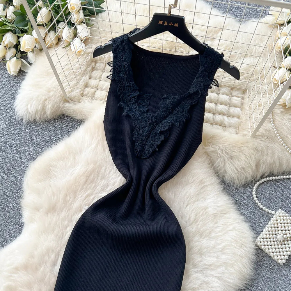 French Style Lace Knit Sleeveless Bodycon Maxi Dress