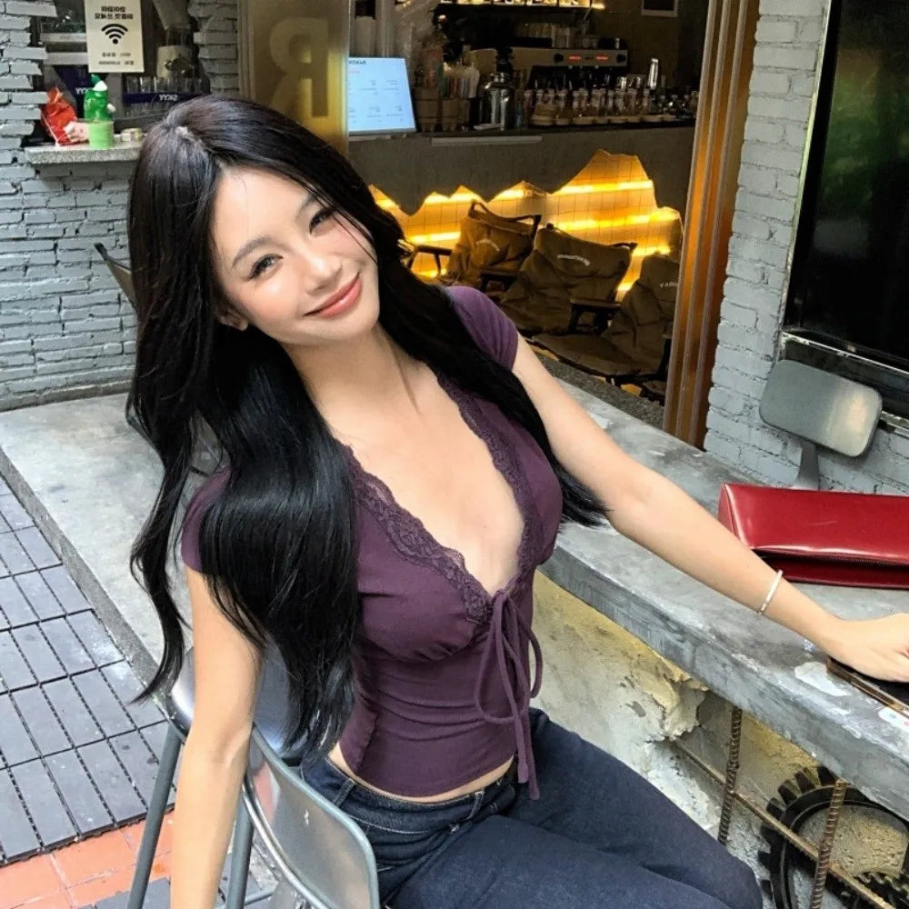 V-Neck Lace Crop Top