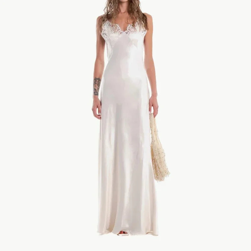 V-Neck Satin Sling Maxi Dress With Lace Patchwork Backless Evening Gown