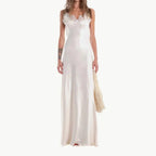 V-Neck Satin Sling Maxi Dress With Lace Patchwork Backless Evening Gown