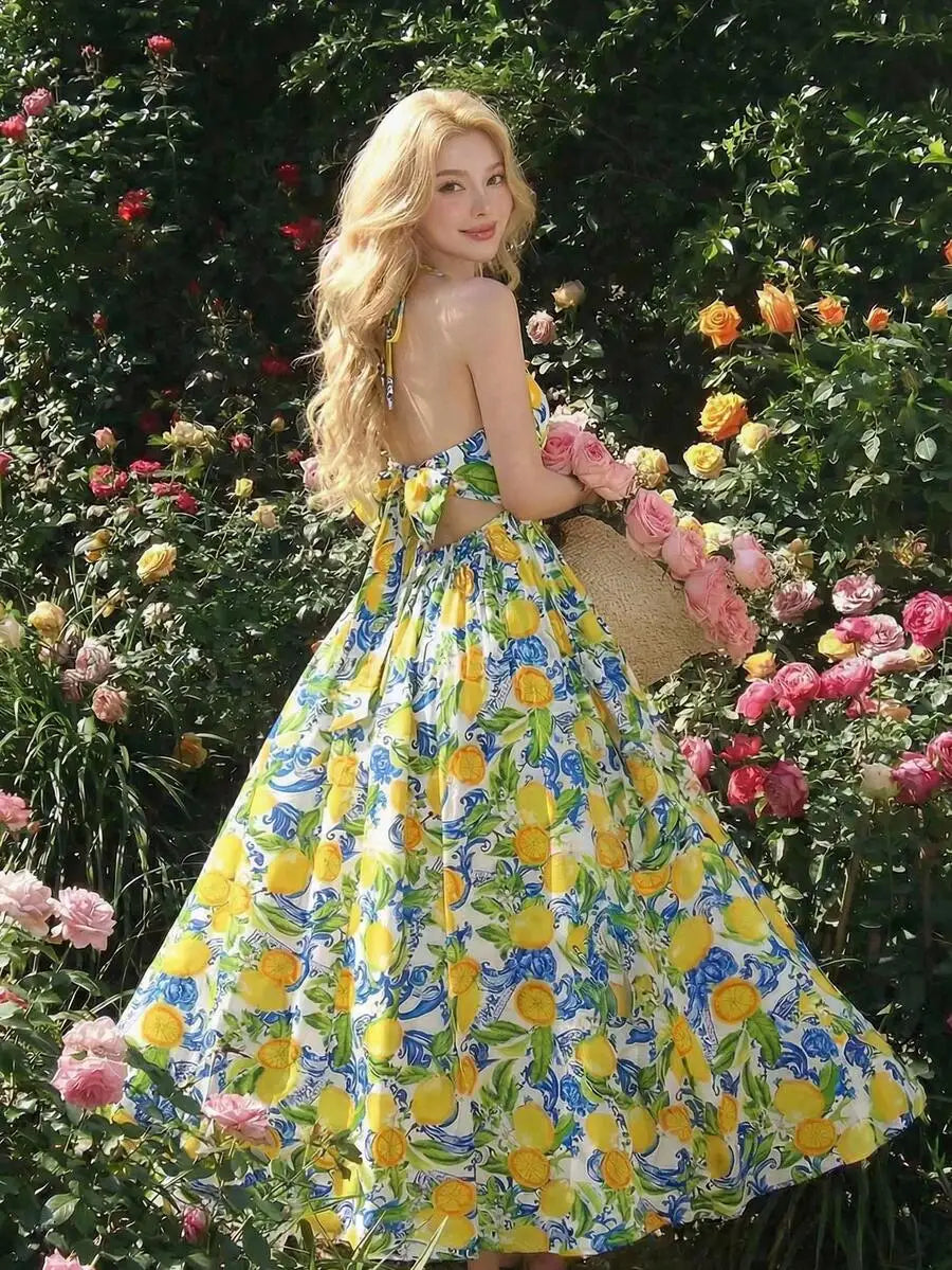 Halter Backless Midi Dress With Bowknot Waist Tie A Line