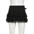 Black Tiered Mini Skirt With Lace Trim And Ribbon Bow A Line Grunge Lolita Look Vibe