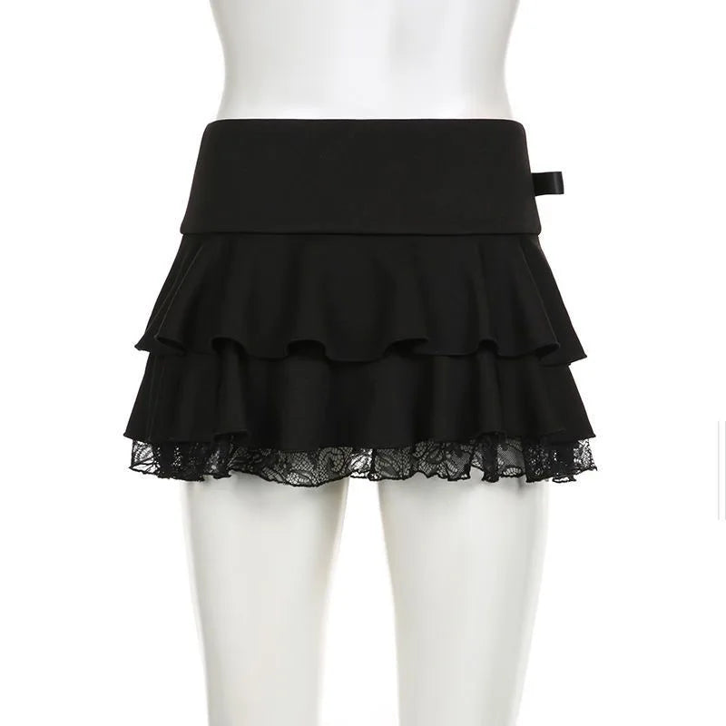 Black Tiered Mini Skirt With Lace Trim And Ribbon Bow A Line Grunge Lolita Look Vibe