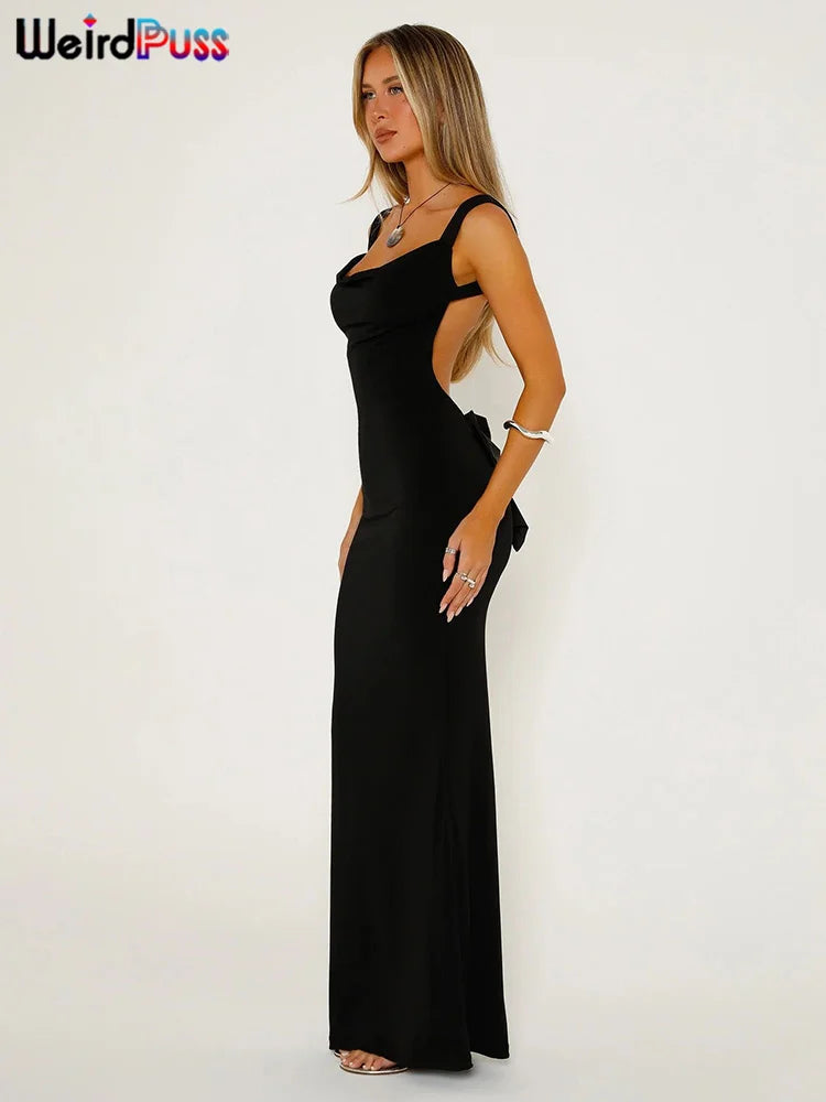 Chic Backless Maxi Dress With Bow Lace Up Details For Evening