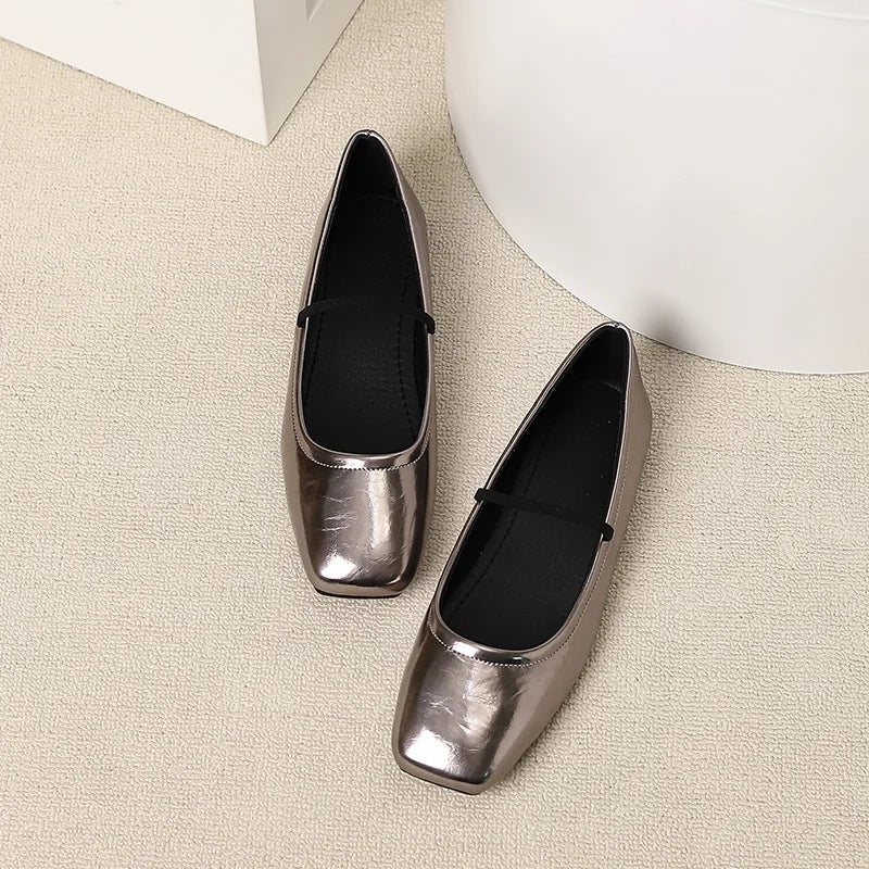 Metallic Square-Toe Mary Janes Slip-On Flats
