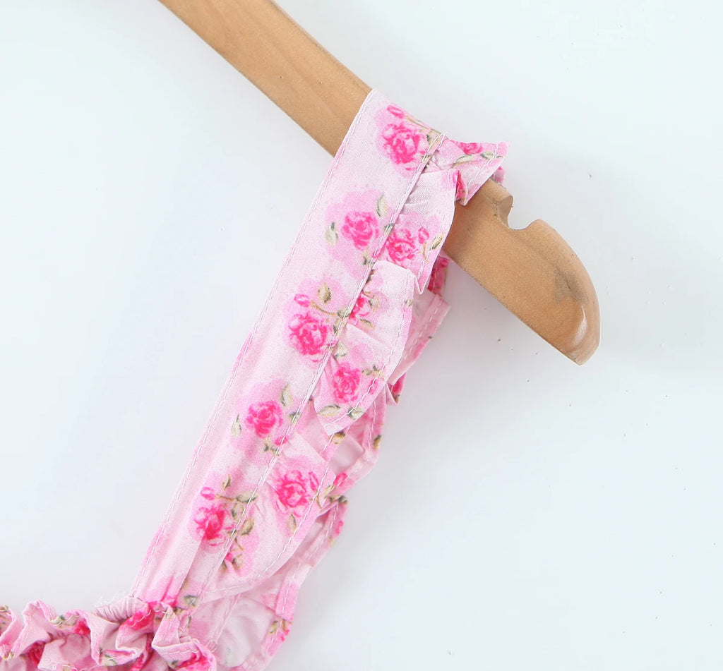 Flower Print Corset Ruched Elastic Body Sling Mini Square Collar Ruffles Hem Dress