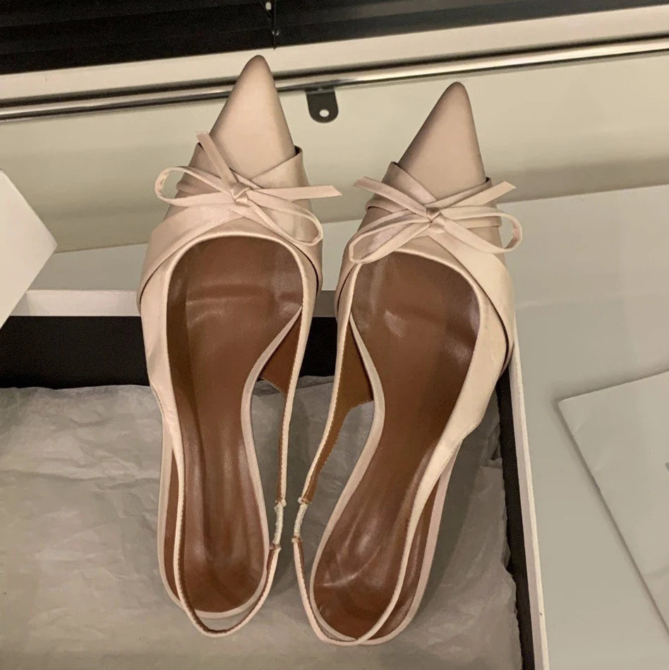 Bowtie Silk Sandals With Pointed Toe And Slim Slingback Heels