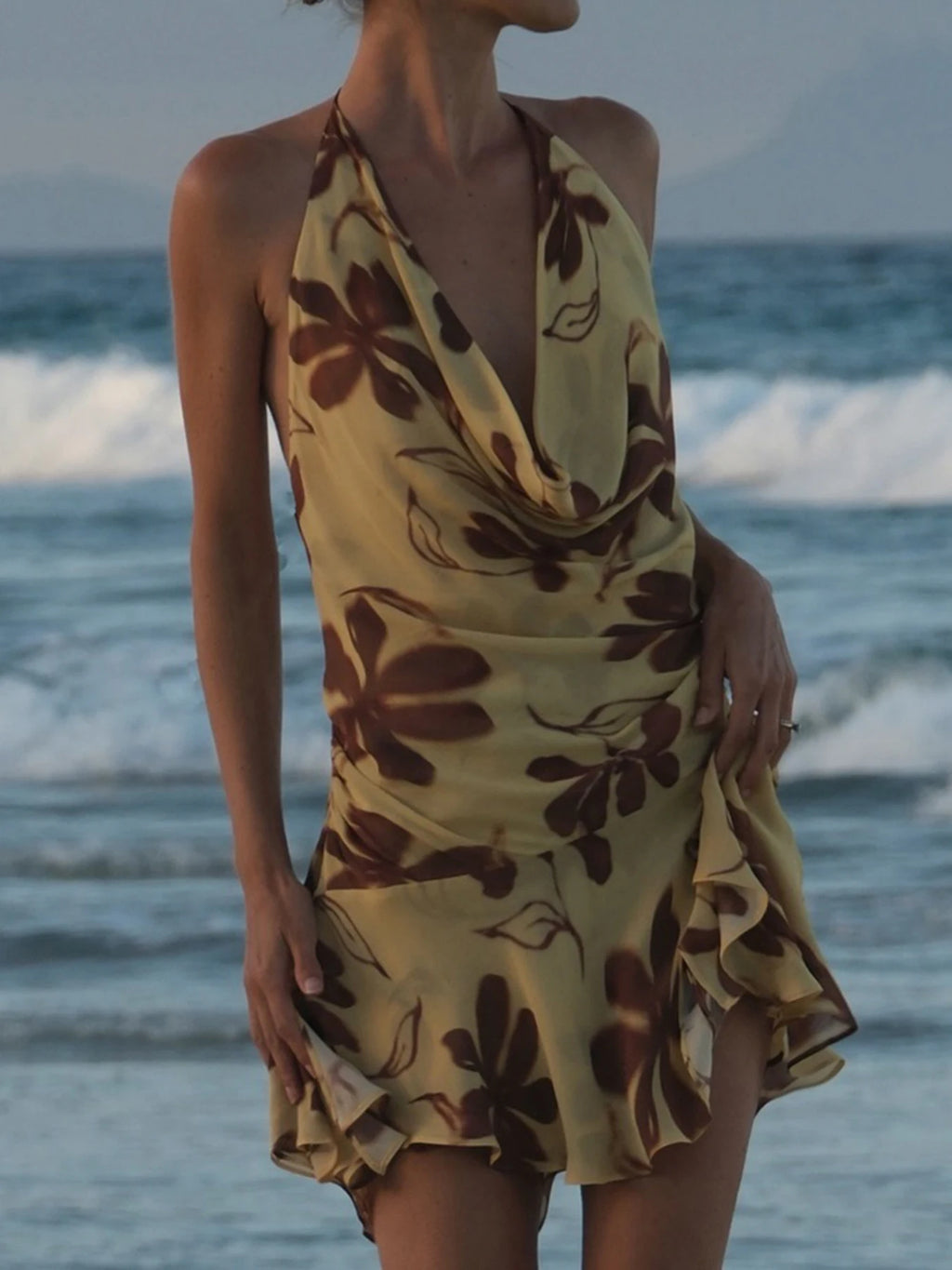Butter Yellow Printed Lace Up Halter Backless Mini Dress