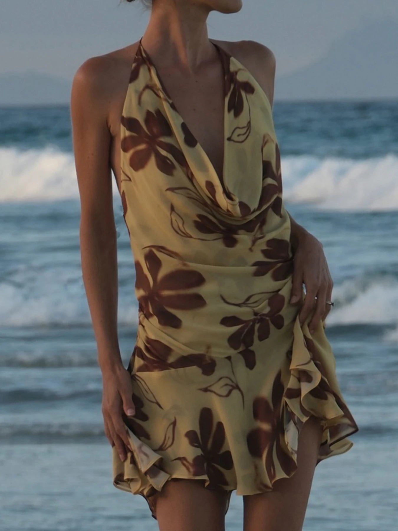 Butter Yellow Printed Lace Up Halter Backless Mini Dress