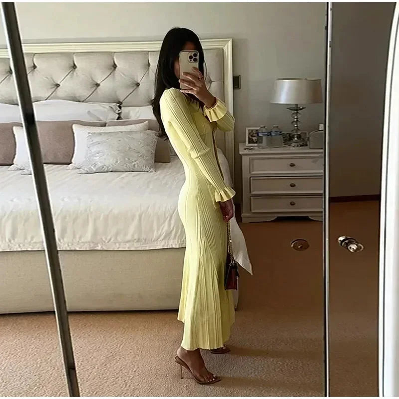 Knit Ribbed Long Dress For Women Slim Fit Flare Sleeves With Pockets