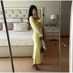 Knit Ribbed Long Dress For Women Slim Fit Flare Sleeves With Pockets