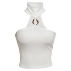 Off Shoulder Metal Buckle Tank Top For Women High Stretch Body Skimming Street Style