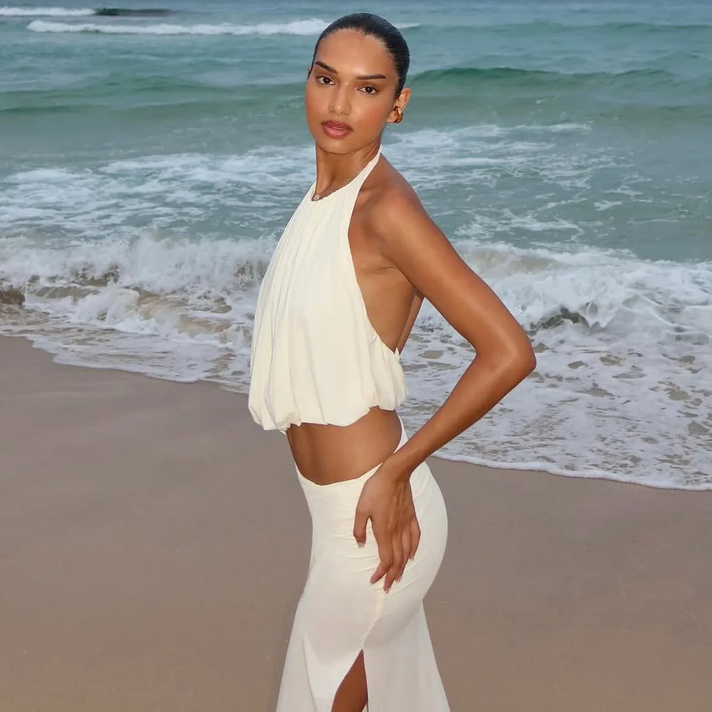 White Halter Ruched Two Piece Maxi Set Backless Asymmetric High Low Skirt