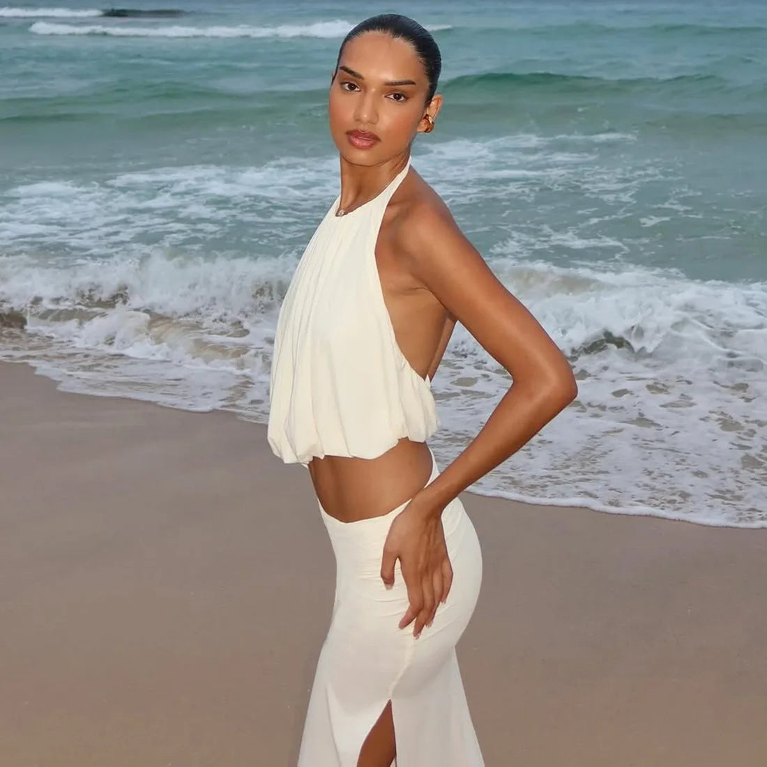 White Halter Ruched Two Piece Maxi Set Backless Asymmetric High Low Skirt