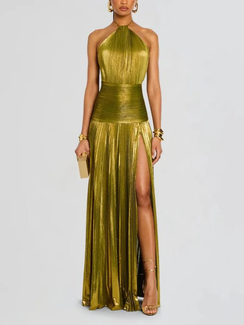 Off Shoulder Corset Halter Evening Gown With Slit