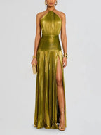 Off Shoulder Corset Halter Evening Gown With Slit