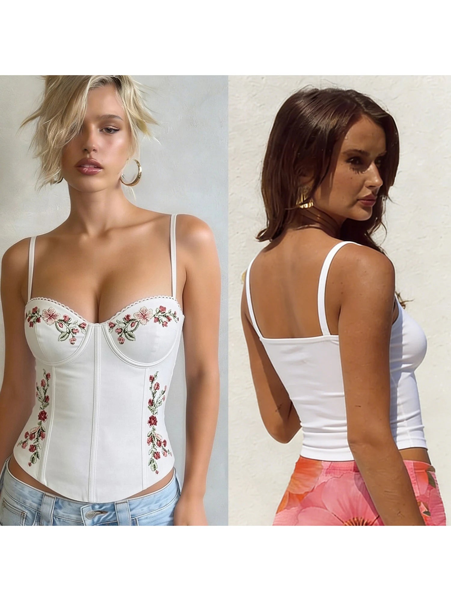 Floral Embroidered Slim Fit Spaghetti Strap Camisole Top