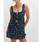 Floral Summer Two Piece Set With Frill Trim Square Neck Tank Top And Drawstring Ruffle Skirt