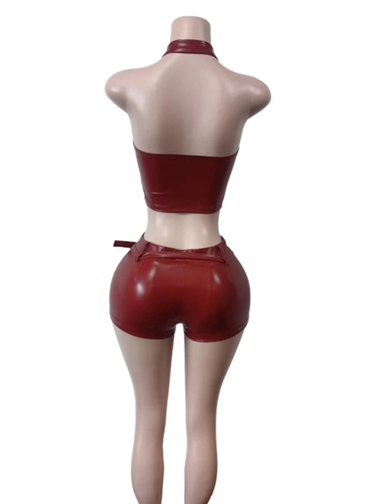 Luxe Two Piece Belted PU Set With Zip Halter Top And Skinny Shorts