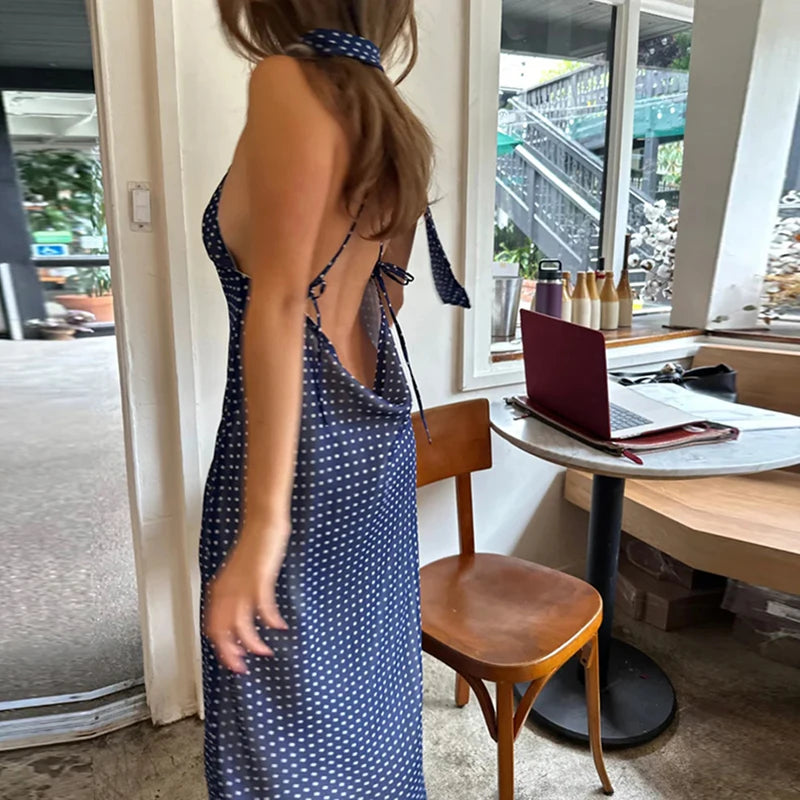 Polka Dot V Neck Maxi Dress With Tie Back And Scarf A Line Silhouette