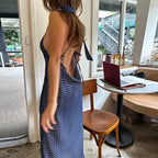 Polka Dot V Neck Maxi Dress With Tie Back And Scarf A Line Silhouette