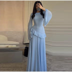 Flare Sleeve Maxi Dress With Ruffle Detail O Neck High Waist Pleated