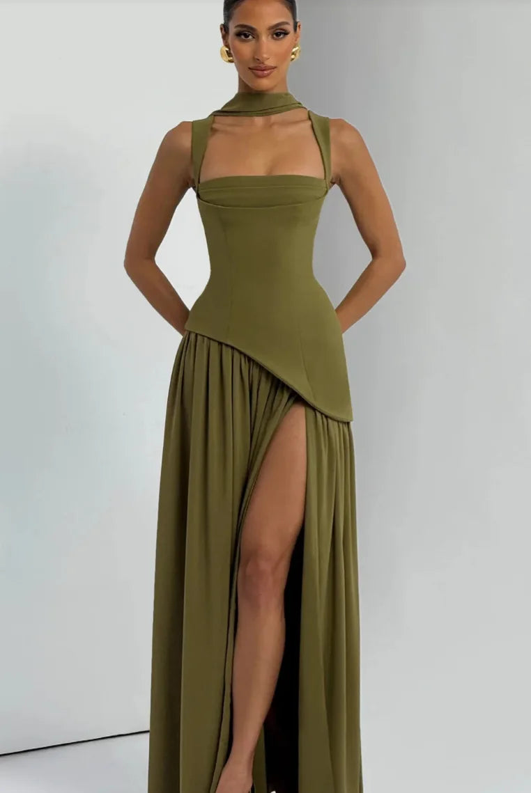 Olive Green Maxi Dress With Scarf Flowy Silhouette