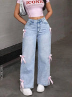 Street Chic Bowknot Denim Jeans With Loose Straight Wide Leg Silhouette In Washed Finish