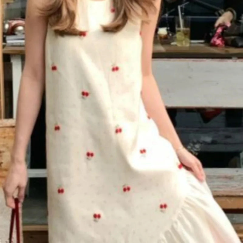 Cherry Patchwork Long Dress With Mesh Detailing
